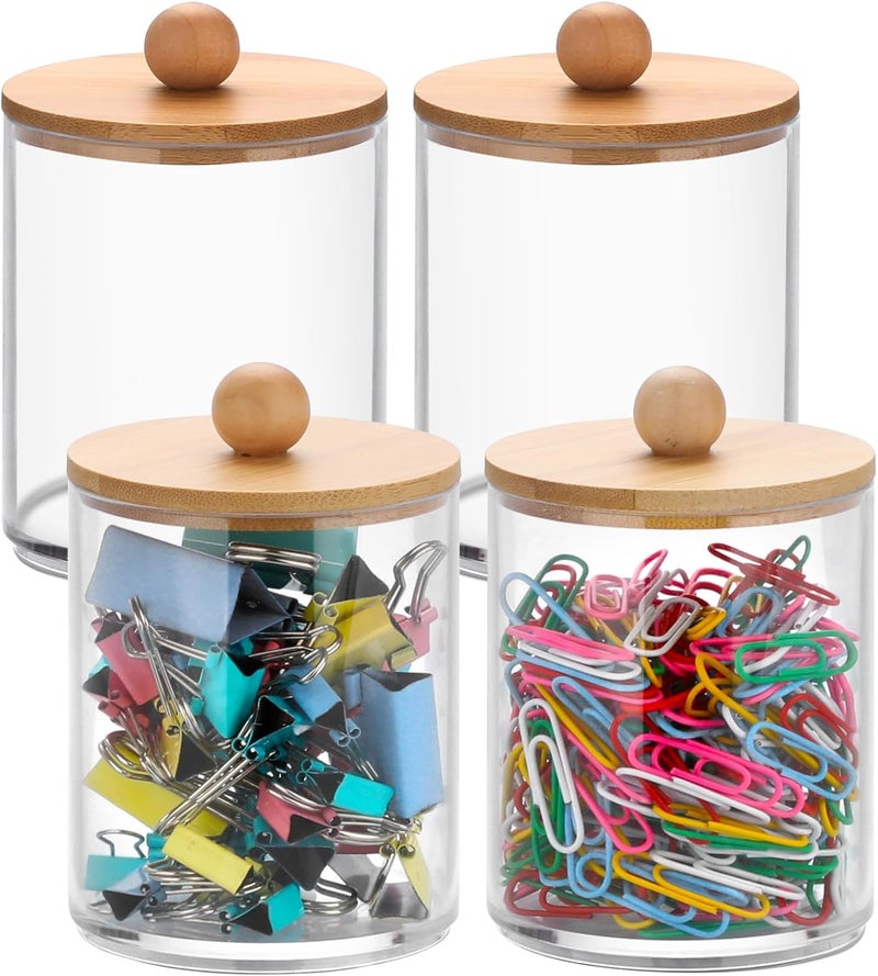 BTSKY 4 Pack PaperClip Holders with Bamboo Lid, Round Binder Holder for Desk, Clear Paper Clip Dispenser Small Office Supply Accessory Organizer Qtip Holder for Office Bathroom Vanity, Clear - Image 1